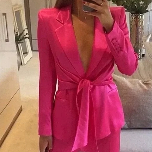 Zara Jackets & Blazers - Zara  satin effect blazer front tie sz  M fuschia/pink BNWT